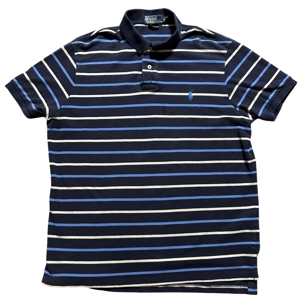 VTG Y2K Polo Ralph Lauren Polo Shirt Men XL Navy Blue Striped Custom Fit Cotton